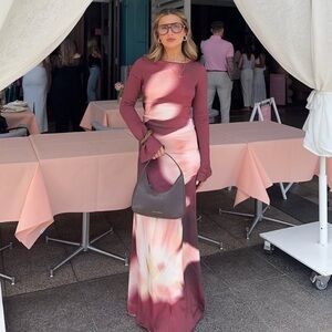 The WOLF GANG Leona Maxi Dress with flare sleeve and florals burgundy dress SZ M